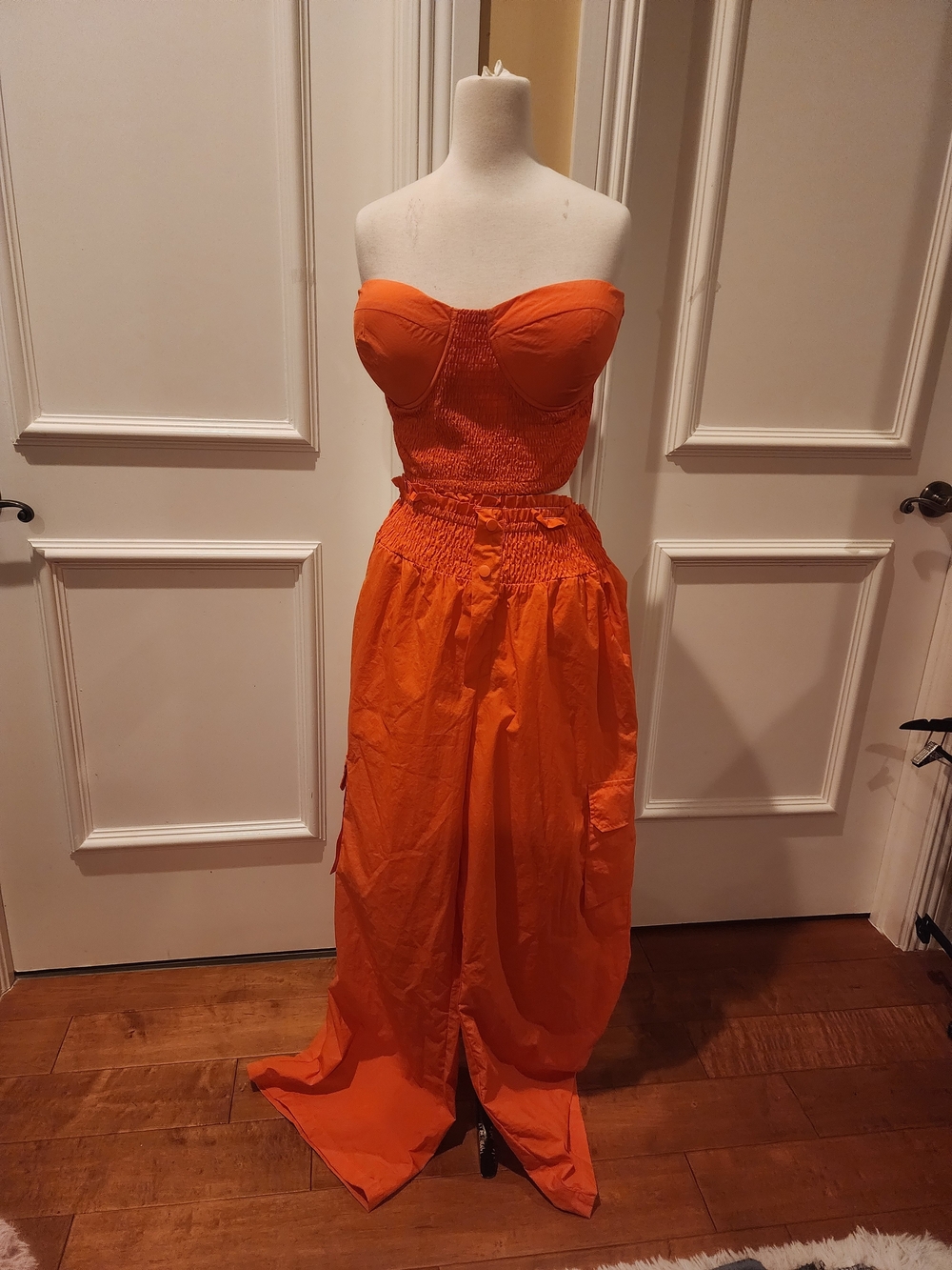 Fashion Nova Strapless Bright Orange Wide-Leg Jumpsuit